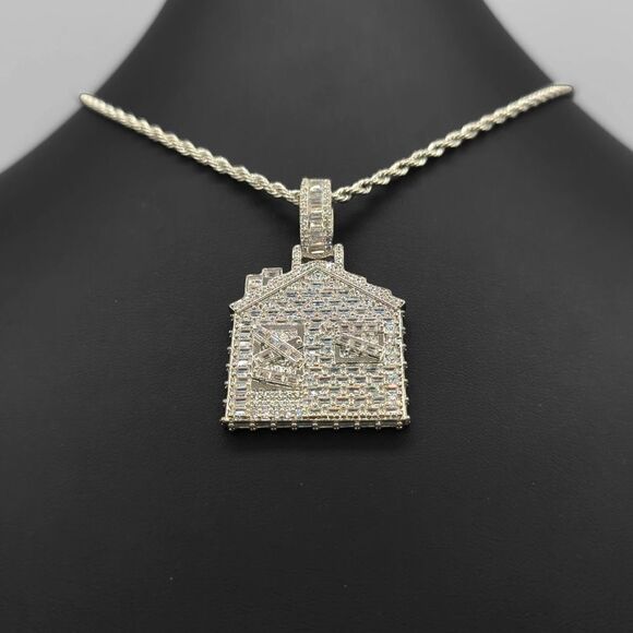 14K White Gold Finish Baguette CZ Trap House - Free 24" x 3mm Rope Chain. - Picture 5 of 9